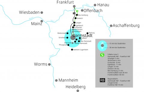 Landkarte mit Darmstadt und den umgebenden Städten